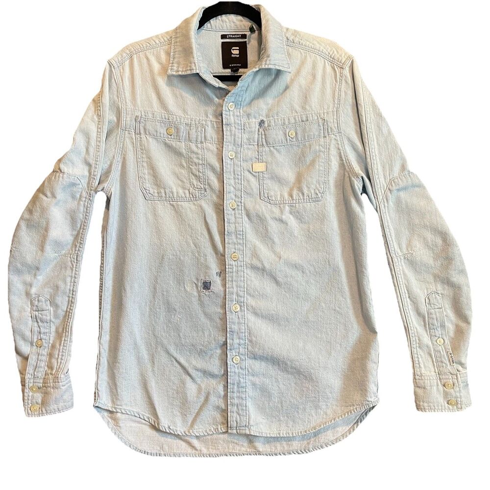 G Star Raw Shirt Men Med Utility Straight Fit Long Sleeve Leather Patch Distress